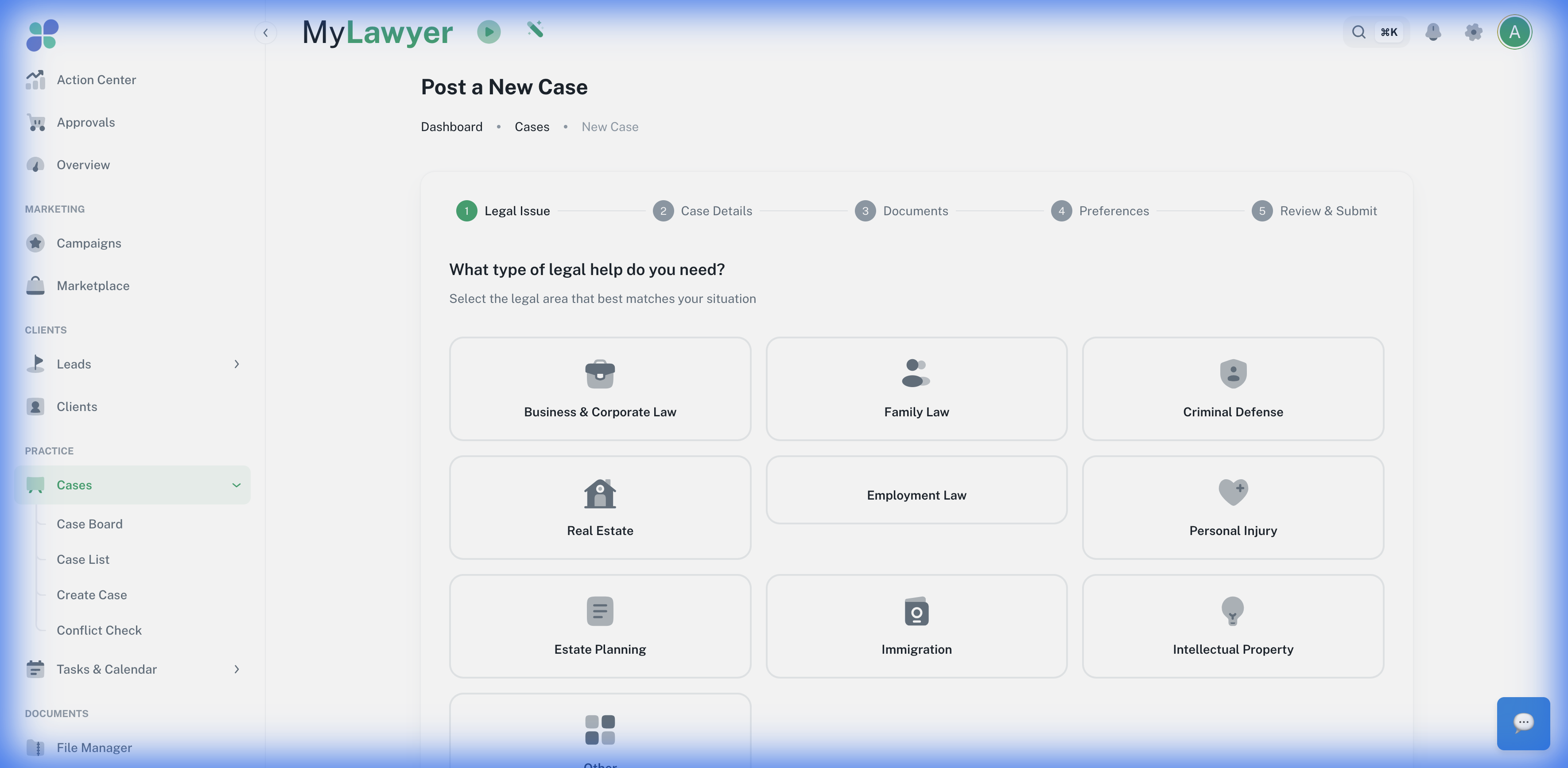 Client case wizard — describe your situation and post it for attorneys to respond to